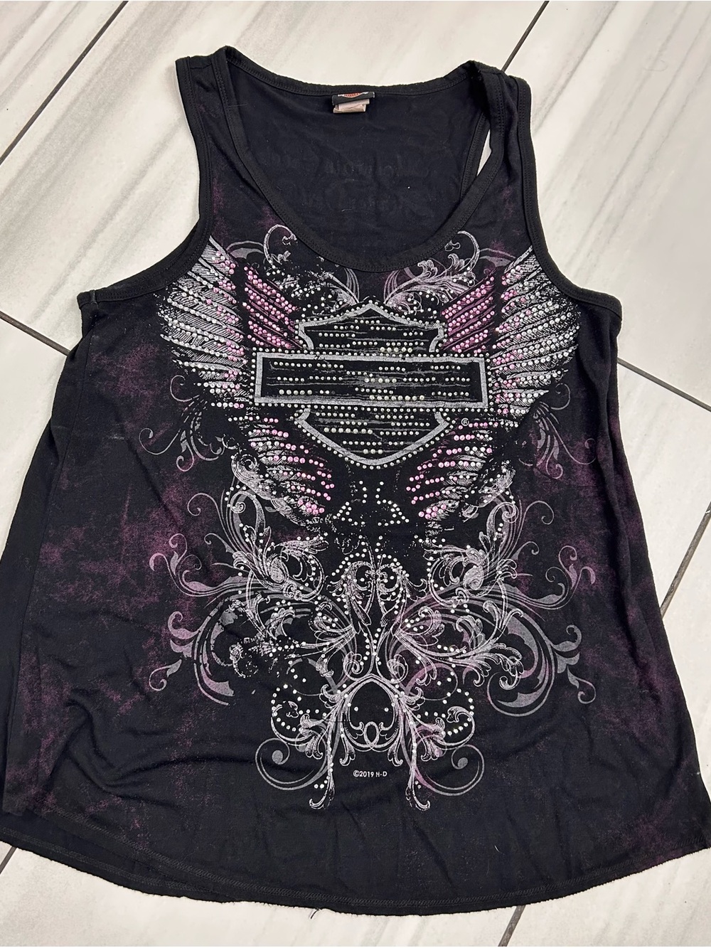 Harley-Davidson Dalton, GA Rhinestone Winged Tank Top Black small